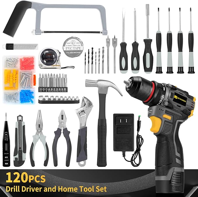 JEXUGK PowerPro™ 18V Brushless Drill &amp; 120-Piece Home Tool Kit